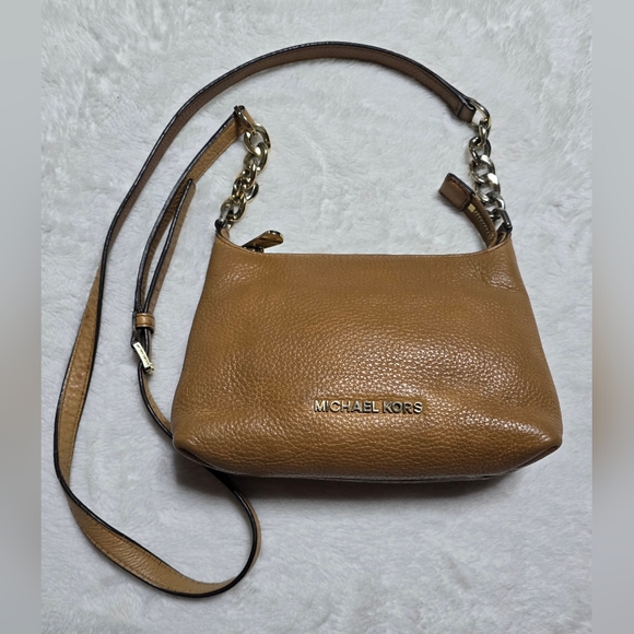 Michael Kors Crossbody Purse Tan Gold Hardware MK Shoulder Bag Adjustable Strap - Picture 2 of 16